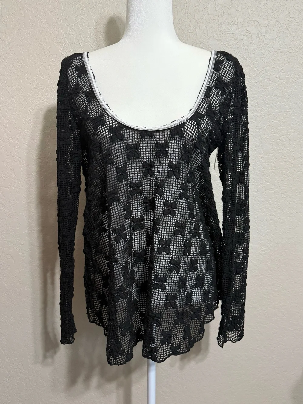 Free People Grady Black Crochet Open Back Long Sleeve Top ($98) - Oversized XS